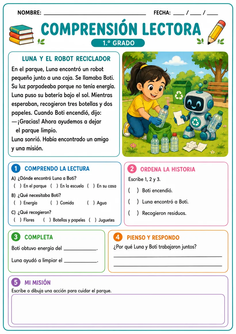 Ficha real de 1.º grado: Luna y el robot reciclador, con las 5 actividades