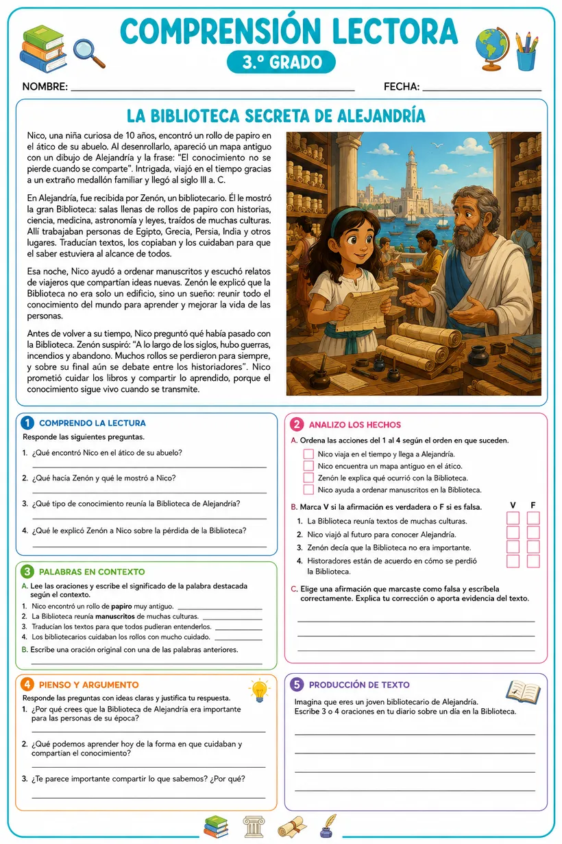 Ficha La biblioteca secreta de Alejandría, 3.º grado