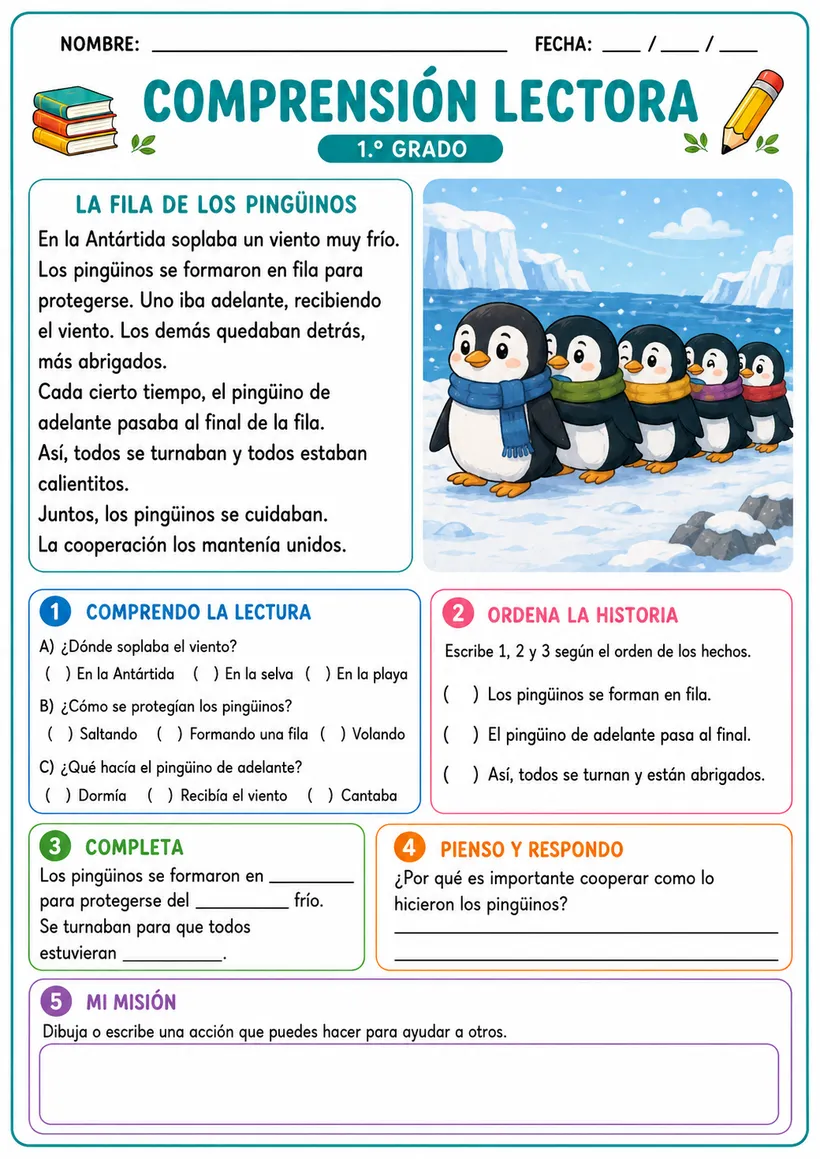 Ficha La fila de los pingüinos, 1.º grado